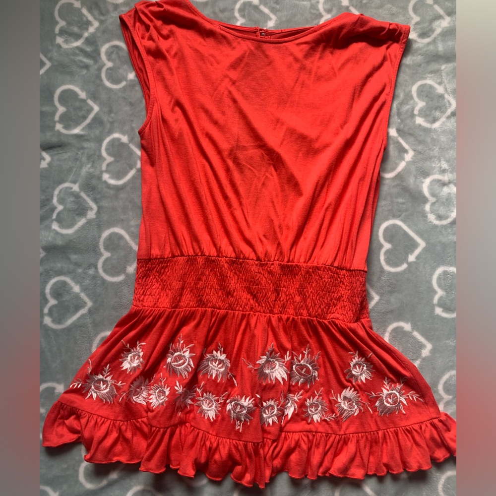 Red Sleeveless women’s top with Floral Embroidery